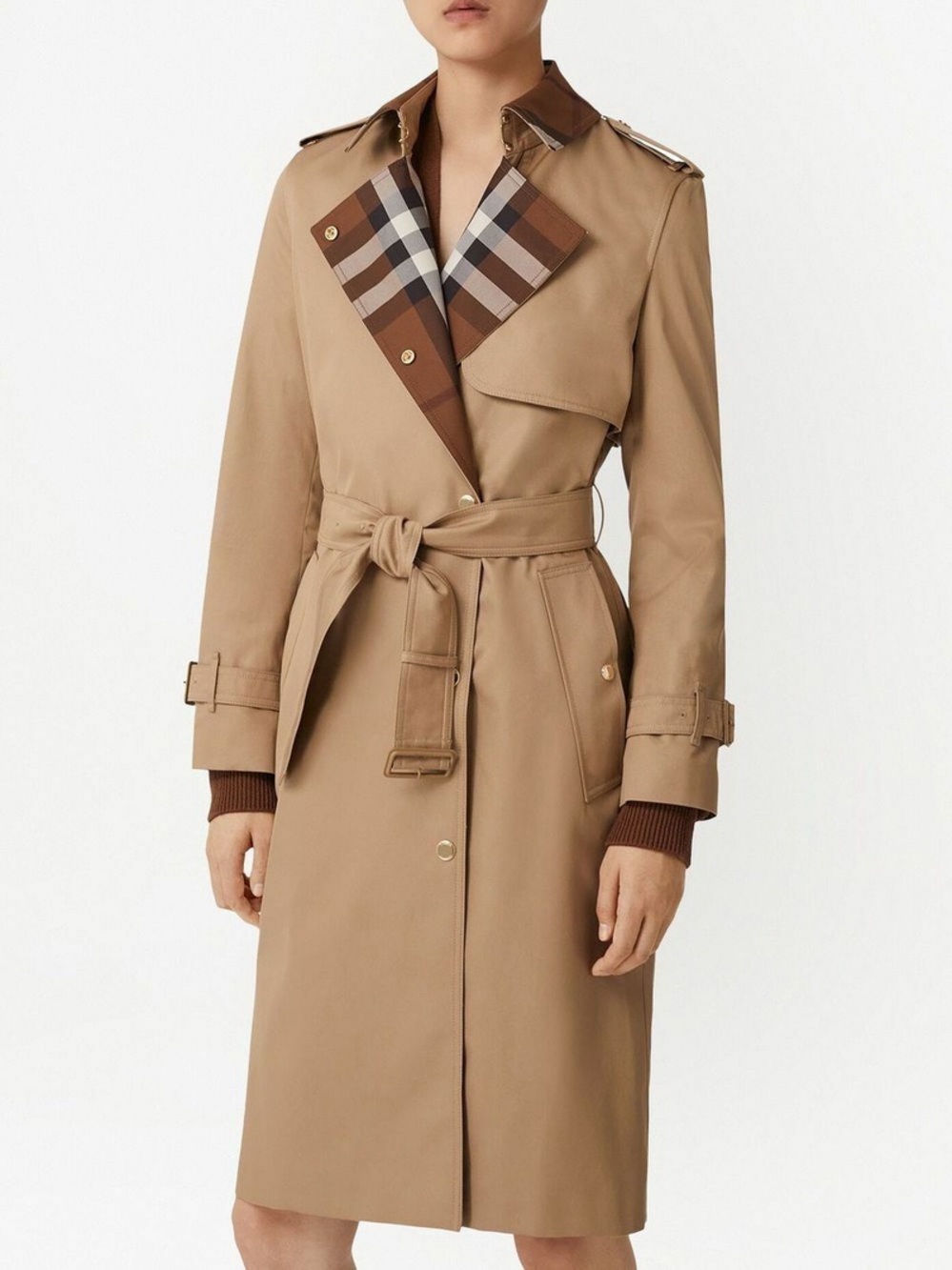 Burberry Sandridge Long Check Collar Gabardine Trench Coat Camel NWOT Size 2 - Picture 5 of 15
